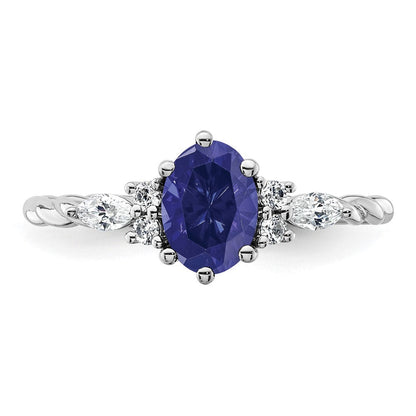 14K Weißgold Ring mit Diamant und ovalem 7x5 Labor-Saphir (September) in Größe 7, gedreht