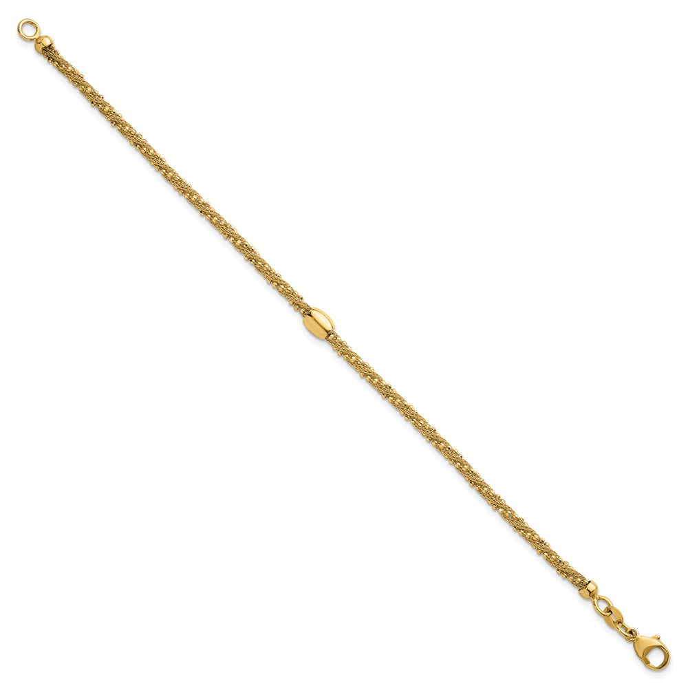 14K Gelbgold Poliert und Strukturiert Gedreht mit Perle 7.25 Zoll Armband