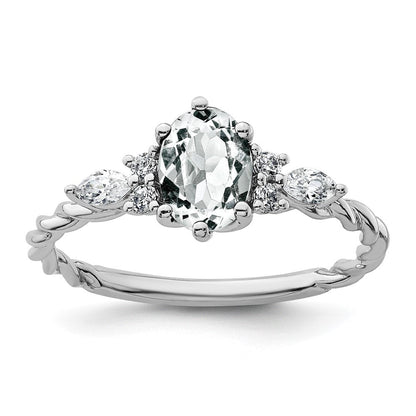 14K Weißgold Ring mit Diamant und 7x5 ovalem April-/Weißem Topas, Größe 7, gedreht