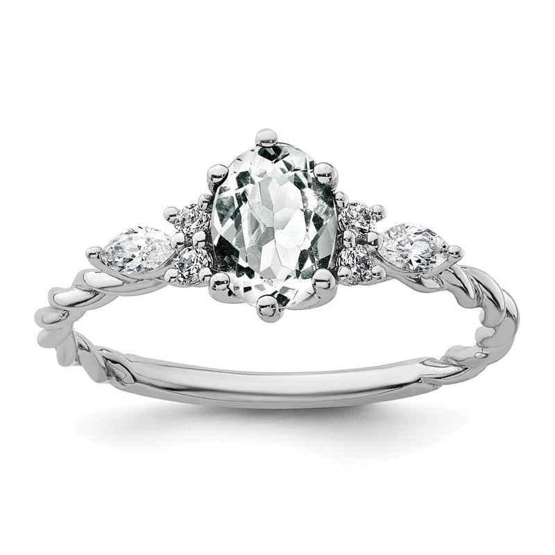 14K Weißgold Ring mit Diamant und 7x5 ovalem April-/Weißem Topas, Größe 7, gedreht