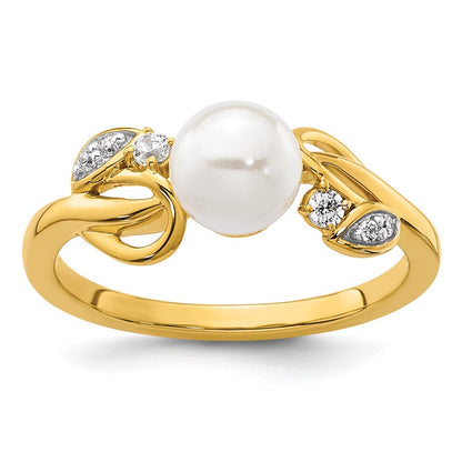 14K Gelbgold Poliert Ring mit 0,067 Karat Diamant und Süßwasser-Zuchtperle, Größe 7
