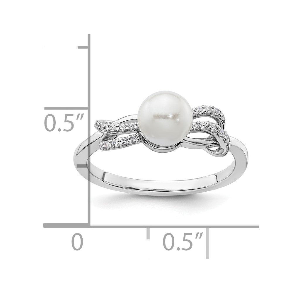 14K Weißgold Ring, poliert, mit 0,10K Diamant und weißer Süßwasser-Zuchtperle, Größe 7