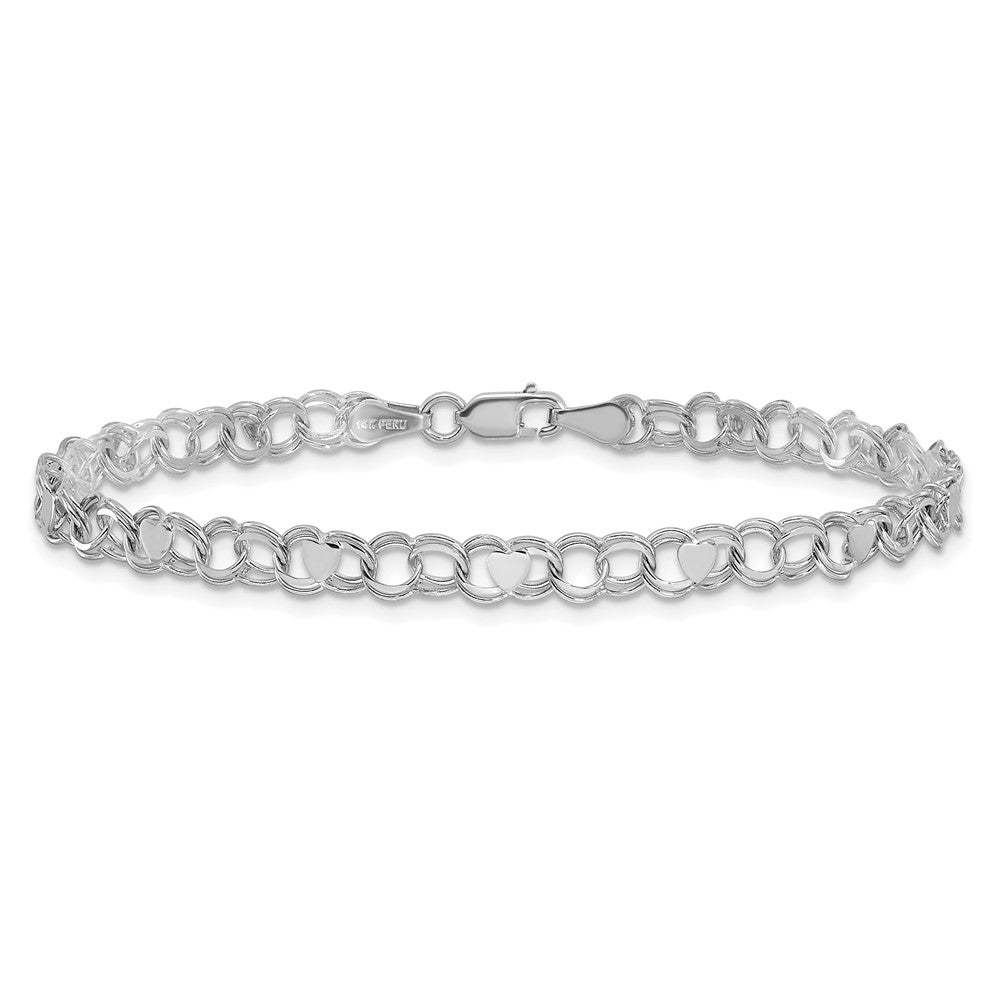 14K Weißgold 4mm Massiv Doppelt Glieder mit Herzen Charm Armband