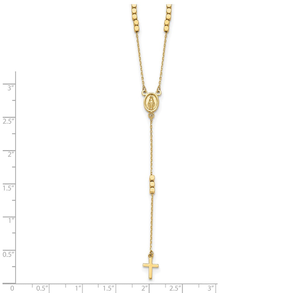 14K Gelbgold Poliert Wundertätig Medaille und Kreuz Rosenkranz Design 17.75 Zoll Y-drop Halskette