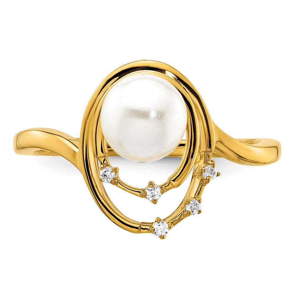 14K Gelbgold polierter Ring mit Diamant, 0,05K, und ovalen Süßwasserzuchtperlen, Größe 7