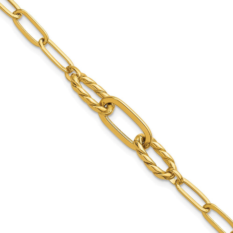 14K Gelbgold Poliert Fantasie Oval und Gedreht Glieder 7.5 Zoll Büroklammer Armband