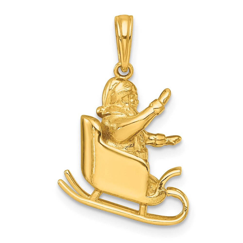 14K Gelbgold Polierter 3-D Winkender Weihnachtsmann im Schlitten Charm