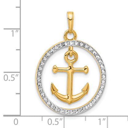 14K Gelbgold und Rhodium Anker-Anhänger im Kreis mit Diamantschliff