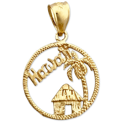 14K Gold Charm "Umkreistes Hawaii mit hawaiianischer Hütte