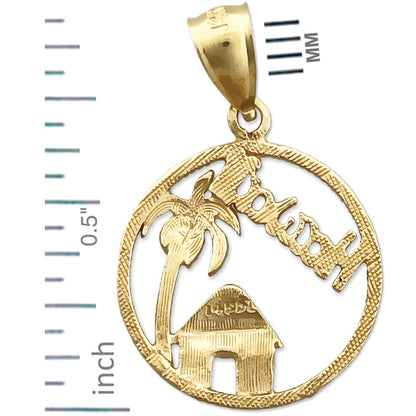 14K Gold Charm "Umkreistes Hawaii mit hawaiianischer Hütte