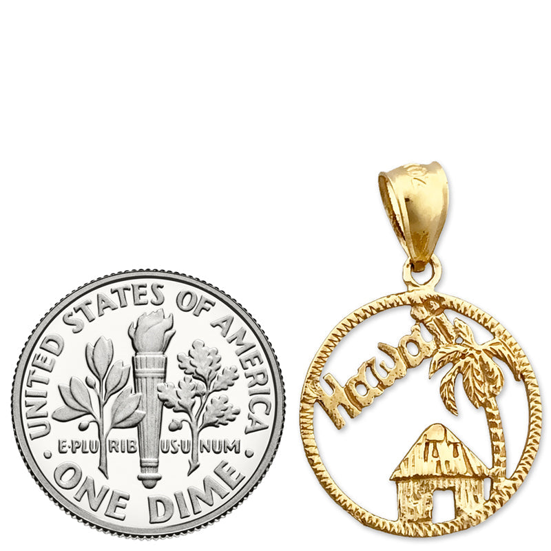 14K Gold Charm "Umkreistes Hawaii mit hawaiianischer Hütte