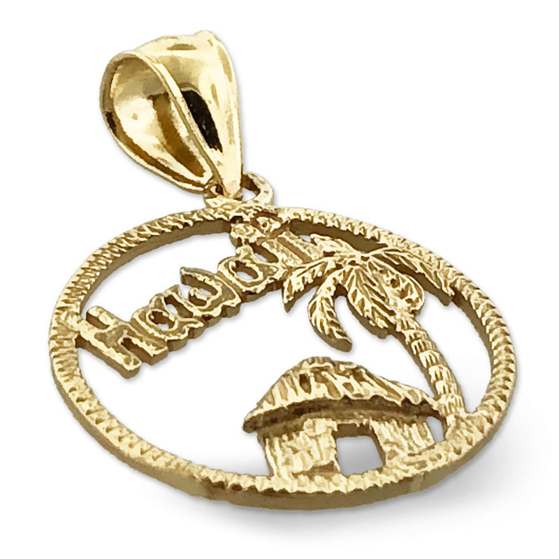 14K Gold Charm "Umkreistes Hawaii mit hawaiianischer Hütte