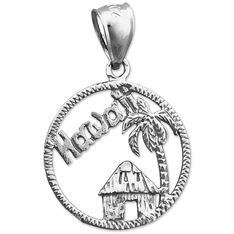 14K Gold Charm "Umkreistes Hawaii mit hawaiianischer Hütte
