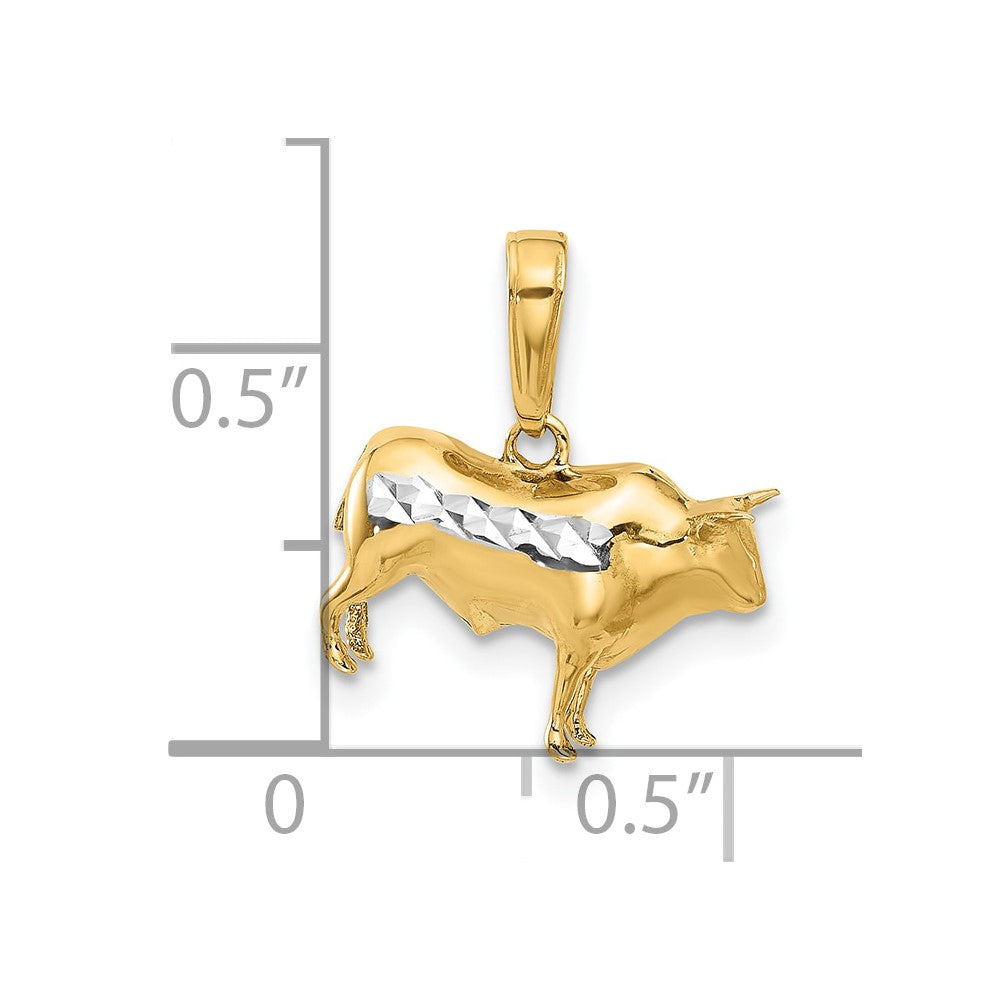 14K Gelbgold und Rhodium Diamant-geschliffener 3-D Bulle Anhänger