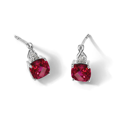 14K Weißgold Ohrstecker mit 7 mm Kissenschliff-Schachbrettmuster-Juli/Labor-Rubin und Diamanten