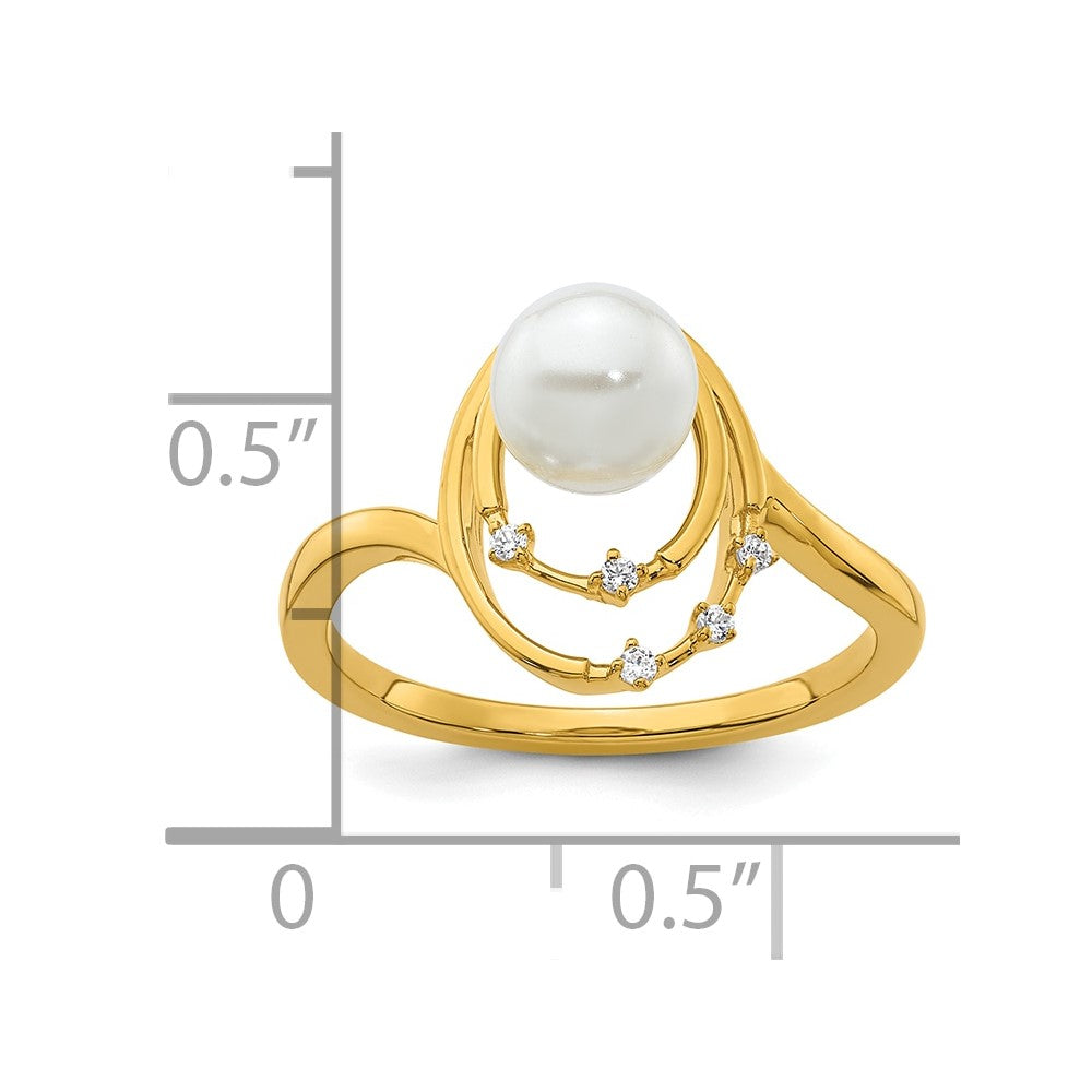 14K Gelbgold polierter Ring mit Diamant, 0,05K, und ovalen Süßwasserzuchtperlen, Größe 7