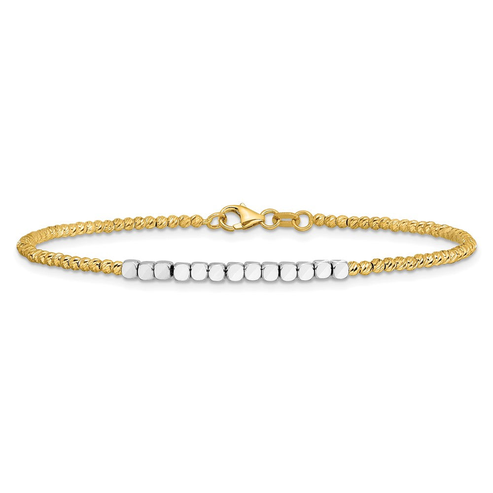14K Bicolor Gold Bicolor Diamantiert Quadratisch und Rund Gekugelt 7.5 Zoll Armband