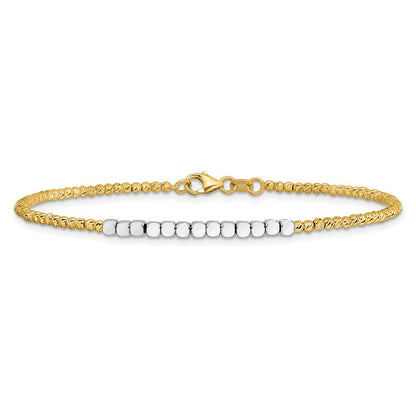 14K Bicolor Gold Bicolor Diamantiert Quadratisch und Rund Gekugelt 7.5 Zoll Armband