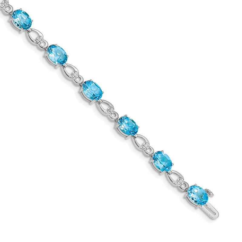 14K Weißgold Komplett Oval Schweizer Blautopas und Diamant Fantasieglieder 7 Zoll Armband