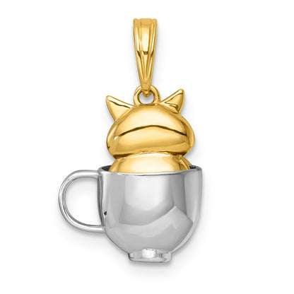14K Gelbgold mit Rhodium poliert 3-D Katze in Tasse Charm