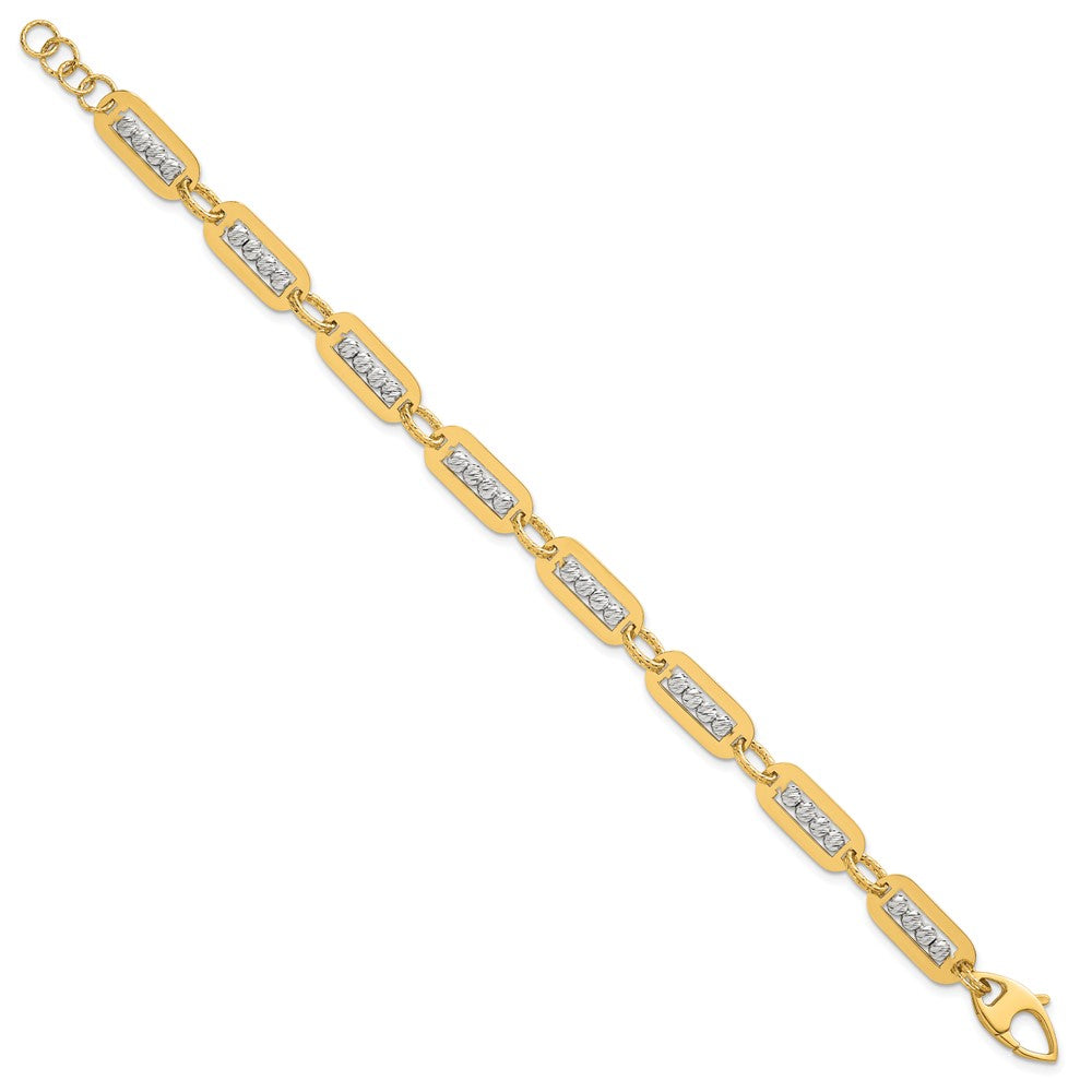 14K Bicolor Gold Poliert Diamantiert Perle Gliederarmband Plus Verlängerung