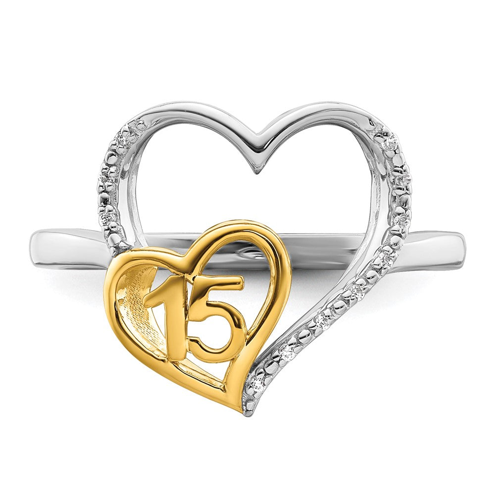 14K Zweifarbiger Gold Polierter Diamant-Herz-Ring zur Quinceañera