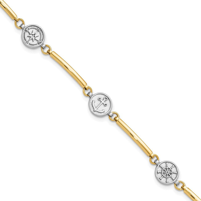 14K Bicolor Gold Bicolor Poliert Kompass/anchor/ships Rad 7 Zoll Armband Plus 1 Zoll Verlängerung