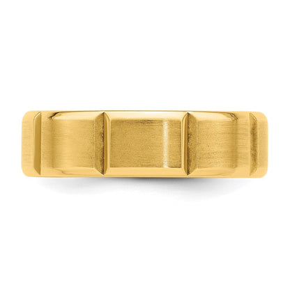 14K Gelbgold 6 mm Ehering mit Standardgewicht, Komfort-Passform, gebürstet/poliert, abgeschrägter Kante und vertikalen Linien