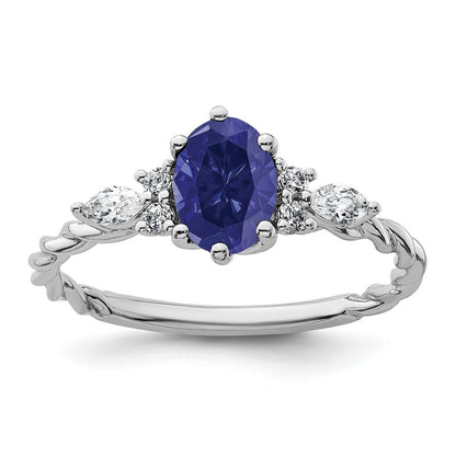 14K Weißgold Ring mit Diamant und ovalem 7x5 Labor-Saphir (September) in Größe 7, gedreht