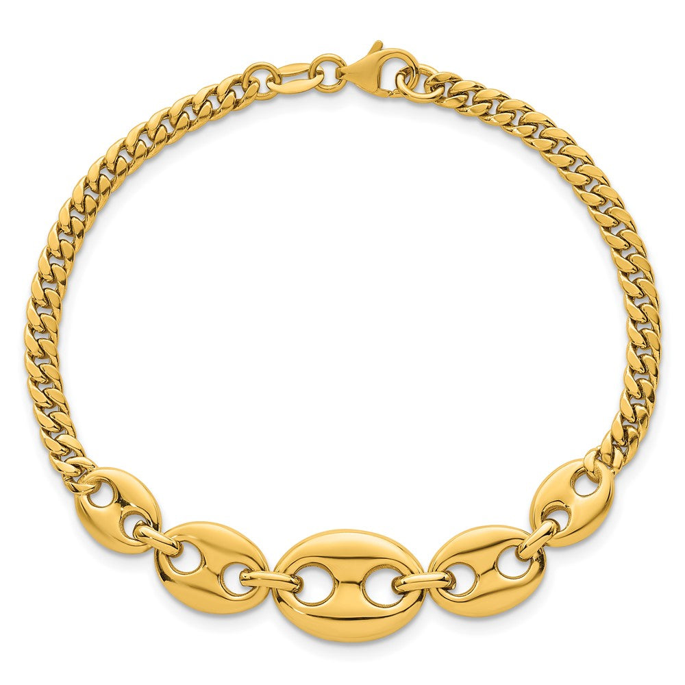 14K Gelbgold Poliert Abgestuft Gewölbt Marine und Panzer Glieder 7 Zoll Armband