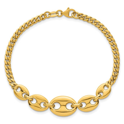 14K Gelbgold Poliert Abgestuft Gewölbt Marine und Panzer Glieder 7 Zoll Armband