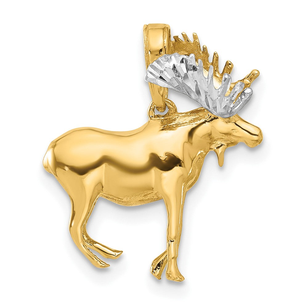14K Gelbgold und Rhodium diamantgeschliffener 3-D-Elch-Anhänger