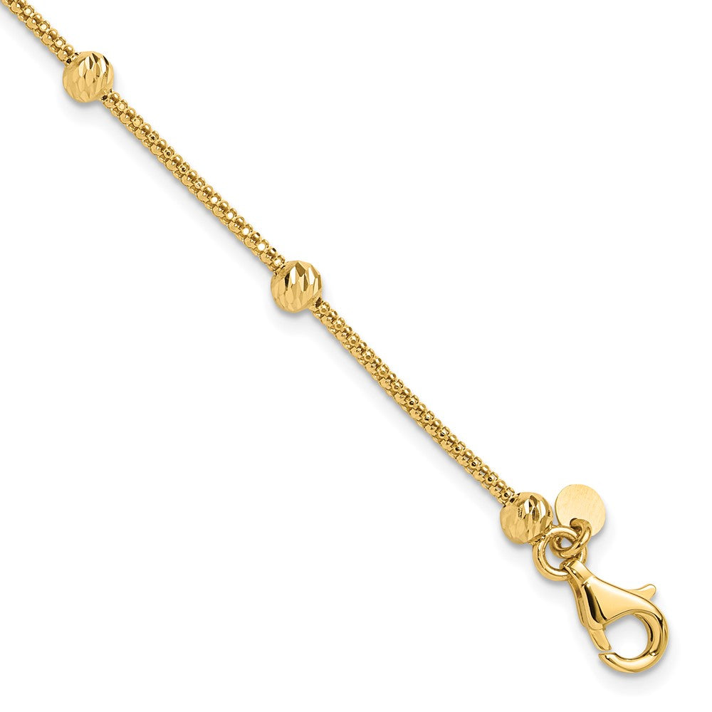 14K Gelbgold Poliert Diamantiert Perlen und Netz Kette 7.5 Zoll Armband