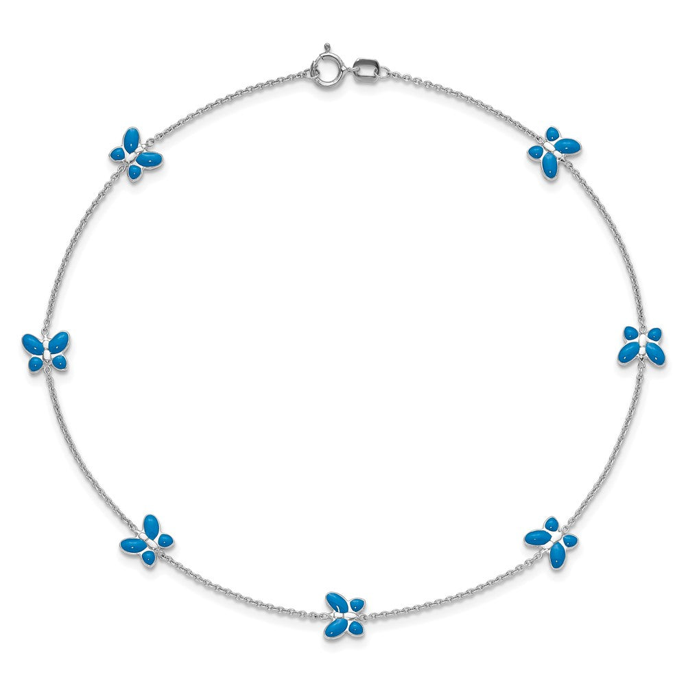 14K Weißgold Blau Emailliert Butterflies 7-station 10 Zoll Fußkettchen