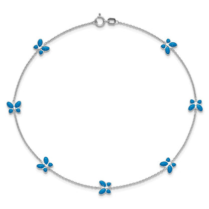 14K Weißgold Blau Emailliert Butterflies 7-station 10 Zoll Fußkettchen