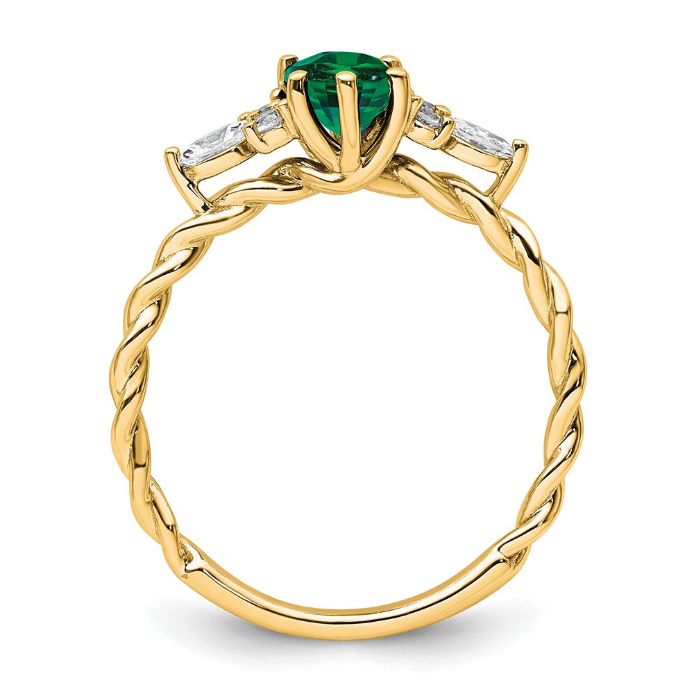 14K Gelbgold Ring mit Diamant und 7x5 ovalem synthetischem Mai-Smaragd, Größe 7, gedreht