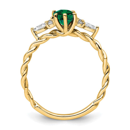 14K Gelbgold Ring mit Diamant und 7x5 ovalem synthetischem Mai-Smaragd, Größe 7, gedreht