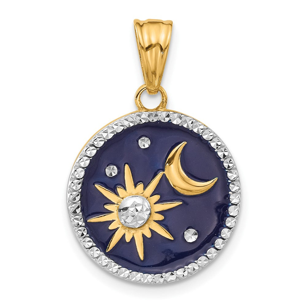 14K Gelbgold und Rhodium diamantgeschliffener blau emaillierter Sonne-und-Mond-Anhänger