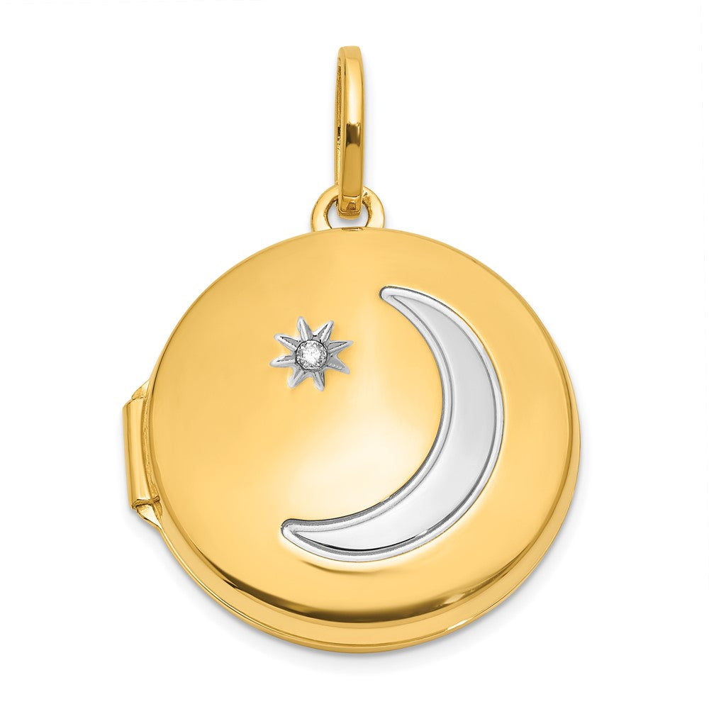 14K Gelbgold mit Rhodium Diamant Stern und Mond 20mm Rund Medaillon