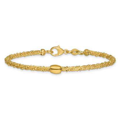 14K Gelbgold Poliert und Strukturiert Gedreht mit Perle 7.25 Zoll Armband