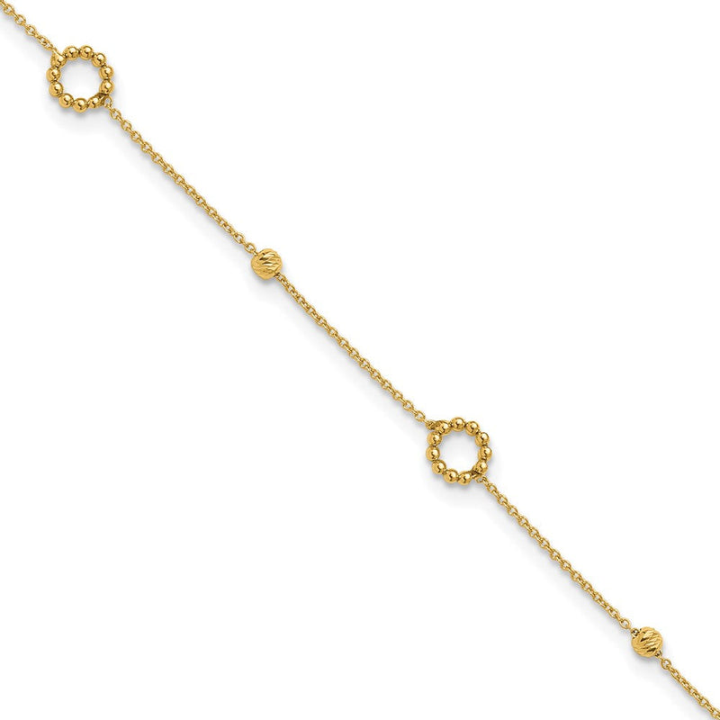 14K Gelbgold Kreis und Diamantiert Perle 10 Zoll Plus 1 Zoll Verlängerung - Total 11 Zoll Fußkettchen