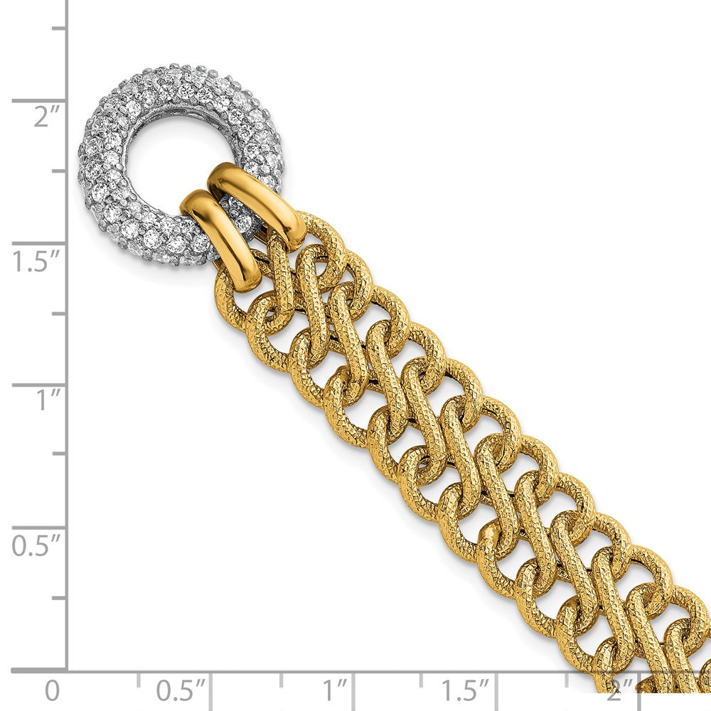 14K Gelbgold mit Rhodium 12.25mm Strukturiert Fantasie Kette mit Zirkonia Knebel 7.5 Zoll Armband
