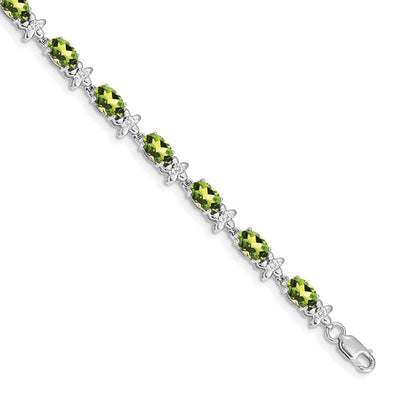 14K Weißgold Komplett Diamant und Oval Peridot Blumen 7 Zoll Armband