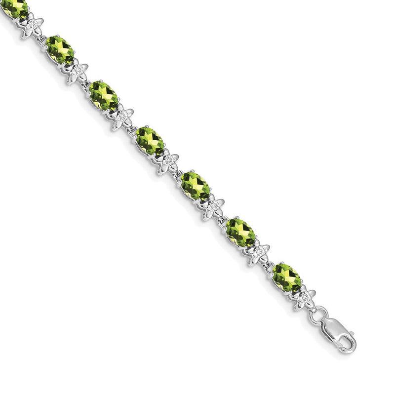 14K Weißgold Komplett Diamant und Oval Peridot Blumen 7 Zoll Armband