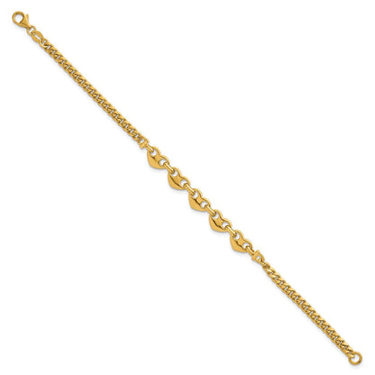 14K Gelbgold Poliert Five Herzen mit Panzer Glieder 7 Zoll Armband