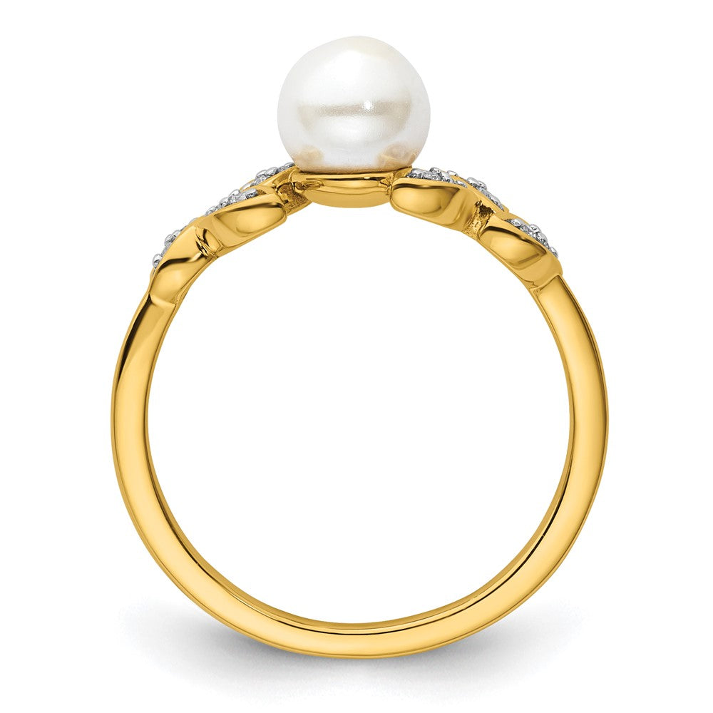 14K Gelbgold Ring mit poliertem Blattdesign, 0,05K Diamant und Süßwasser-Zuchtperle, Größe 7