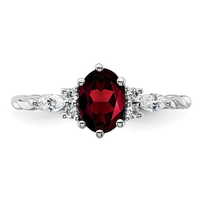 14K Weißgold Ring mit Diamanten und ovalem 7x5 Januar-/Granat-Stein, gedreht, Größe 7