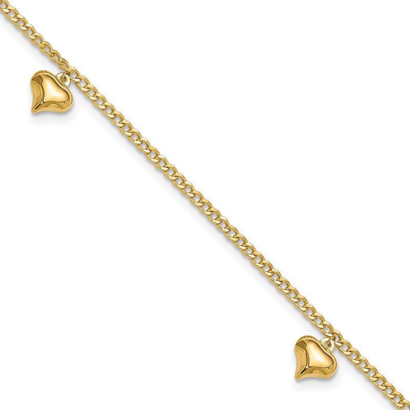 14K Gelbgold Poliert Panzer Kette mit 3 Gewölbt Herz Dangles 9 Zoll Plus 1 Zoll Verlängerung - Total 10 Zoll Fußkettchen