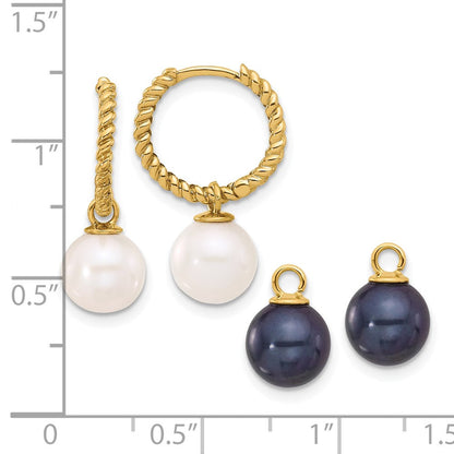 14K Gelbgold 7-8mm Schwarz und Süßwasser Zuchtperle Removable Hängend Creolen