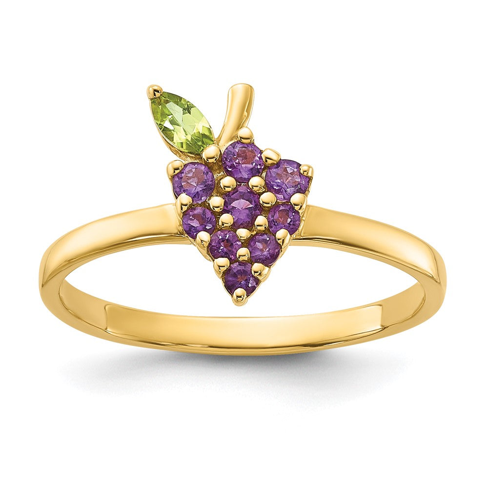 14K Gelbgold Amethyst und Peridot Grapes Größe 7 Ring